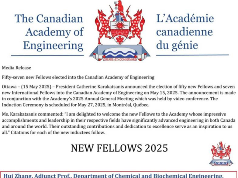 Professor Hui Zhang Elected Fellow of the Canadian Academy of Engineering